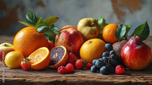a variety of fresh  colorful fruits displayed on a wooden surface. There are whole and sliced oranges  apples with red and green skin  raspberries and grapes