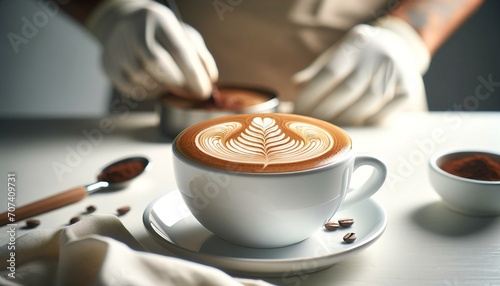 Barista creating latte art on a coffee cup