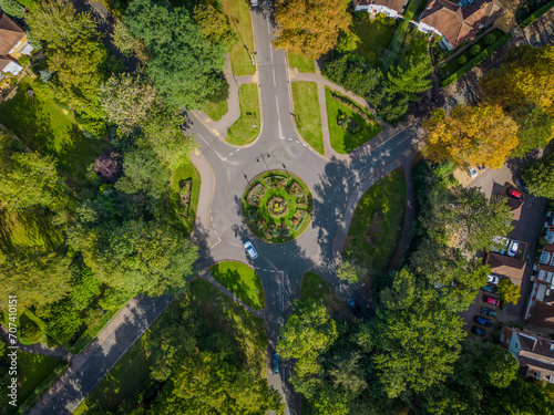 Aerial View of the First Roundabout in Letchworth from 40 Meters on a Sunny Day