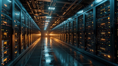The interior of a modern data center illuminated by blue and orange lights with rows of server racks extending into the distance.