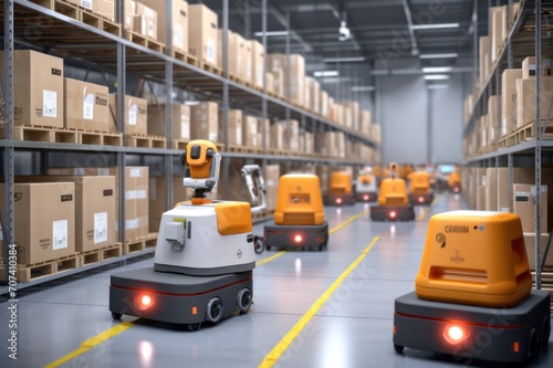 Immerse yourself in the precision and speed of modern logistics. This image captures the seamless dance of autonomous robots, streamlining warehouse operations with flawless efficiency