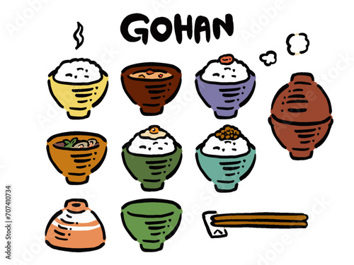 シンプル手描き風ご飯茶碗とごはんのイラストセット