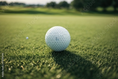 Illustration, golf ball on grass inside golf course, AI generated