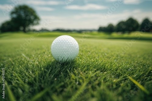 Illustration, golf ball on grass inside golf course, AI generated