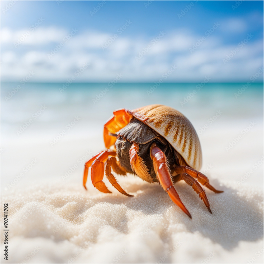 hermit crab on white sand beach in sunny daytime walking near small waves