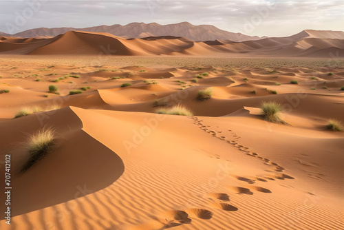 human footprints in the desert. Neural network AI generated art © mehaniq41