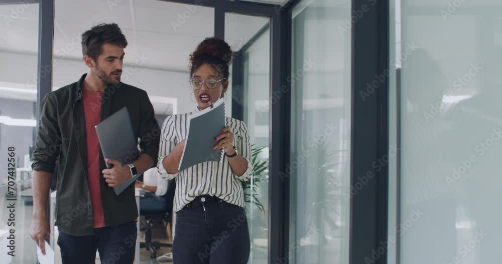 Business people, discussion and walking in office together, documents and paperwork for planning. Staff, communication and brainstorming or problem solving, teamwork and collaboration or support