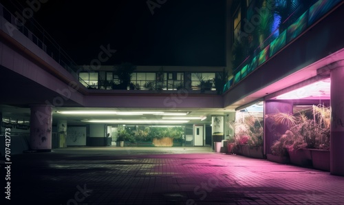 Night view of urban courtyard illuminated by colorful lights and plants