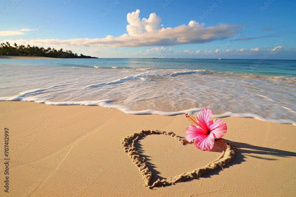 Hawaiian beach with heart drawn in the sand and a pink hibiscus Hawaiian beach with heart drawn in the sand and a pink hibiscus