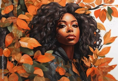 Black woman portrait with orange tree surrounding her 