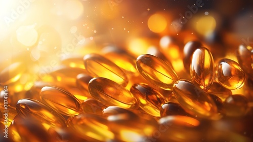 Fish oil capsules are golden yellow in the photo with light effect from above. generative Ai photo