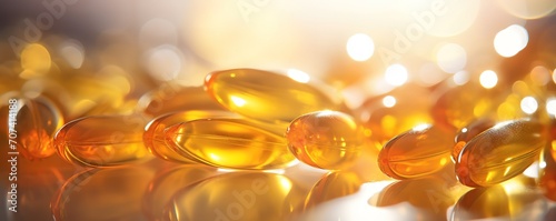 Fish oil capsules are golden yellow in the photo with light effect from above. generative Ai