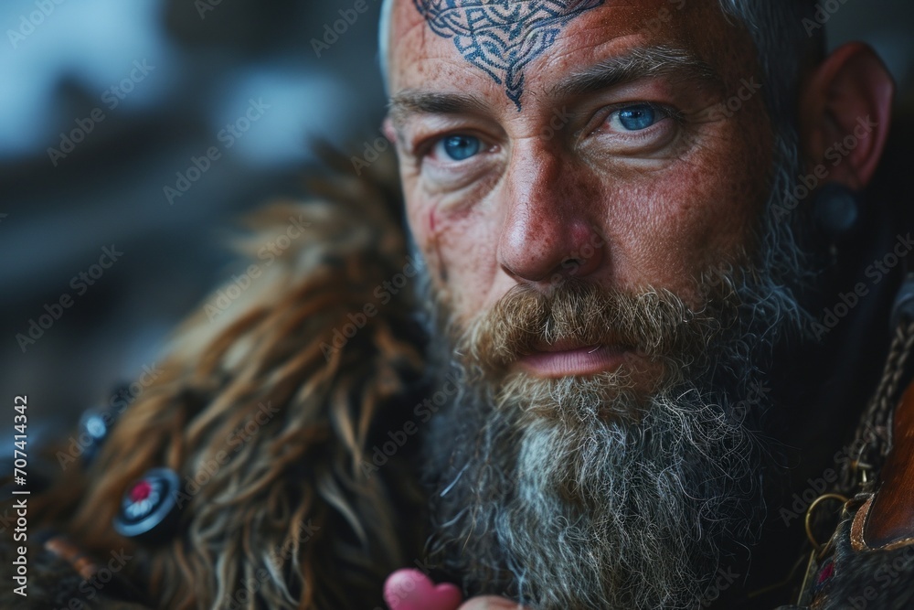 Portrait of a Viking with tattoos and wearing a fluffy fur outfit, holding a pink heart in his hands. Concept: Brutal man growing feelings, Valentine's Day holiday