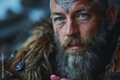 Portrait of a Viking with tattoos and wearing a fluffy fur outfit, holding a pink heart in his hands. Concept: Brutal man growing feelings, Valentine's Day holiday