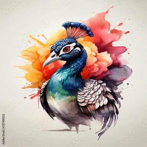 Experience the excellence of a watercolor logo showcasing a powerful peacock face in vibrant colors. The design pops against a monochrome background  delivering a visually impactful result