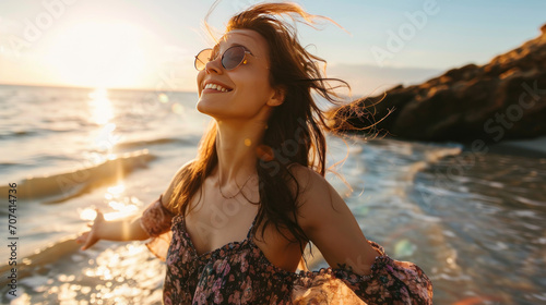 Portrait of one young woman at the beach with openened arms enjoying free time and freedom outdoors. Having fun relaxing and living happy moments, Generative ai #707414736