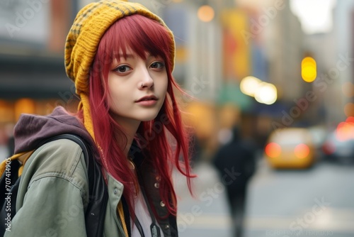A shot of a beautiful asian girl with red hair in the city © Inigo