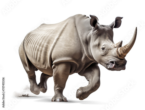 Rhino in running motion  isolated on transparent png background