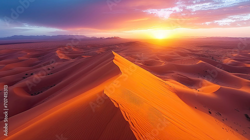Aerial View of sand dunes at sunset in the Sahara desert, Djanet, Algeria, Africa 