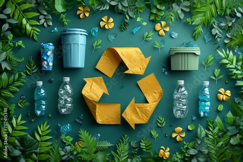 Recycle Symbol with Plastic, Glass, and Eco-Friendly Waste Icons photo