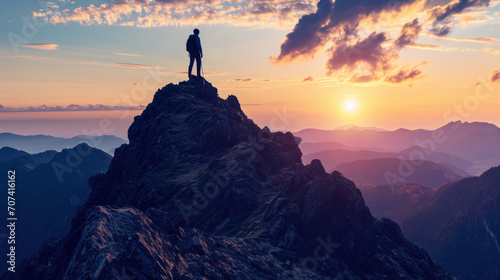 Silhouette Of A Man On Top Of A Mountain Peak  Generative ai