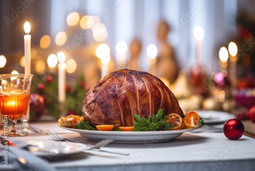 Festive Feast: Christmas Ham Illuminated by Candlelight