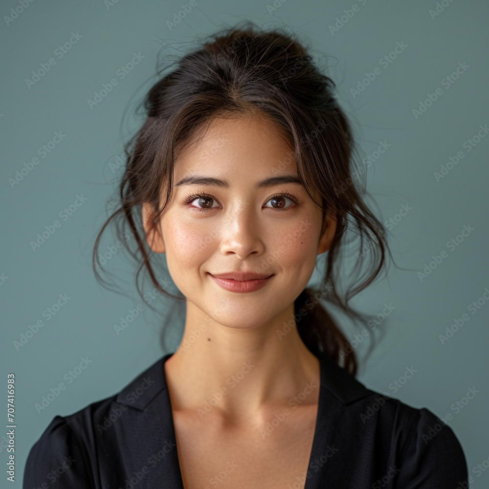 Young Chinese woman, smiling, business attire, solid color background. Young Chinese woman, smiling, business attire, solid color background.