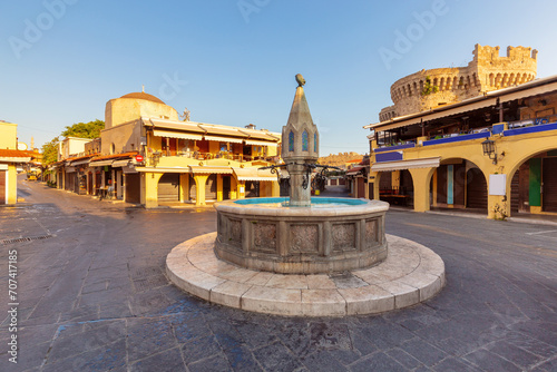 Hippocrates Square and Sintrivan Fountain in Rhodes early in the morning. photo