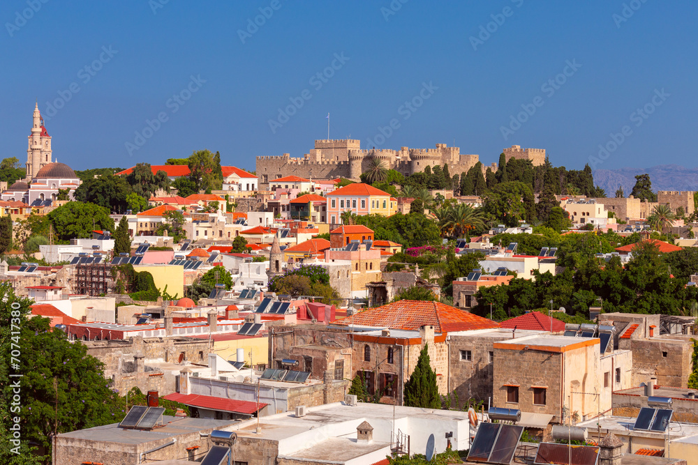 Scenic view of the historical part of Rhodes at dawn.