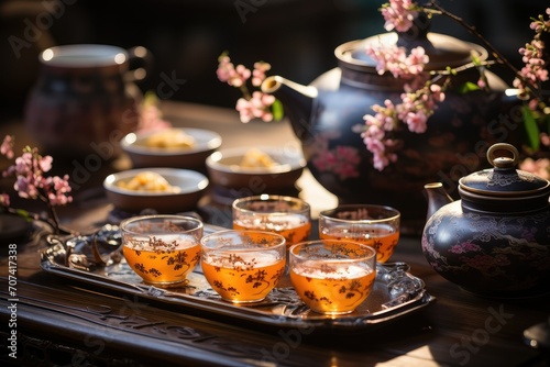 An earthenware teapot and mugs of green tea in the garden with sakura. Tea 