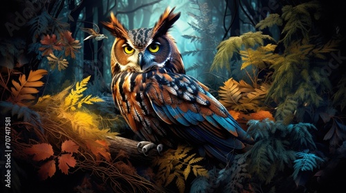 An owl with detailed feathers in a nocturnal forest, showcasing wisdom in its eyes generative ai