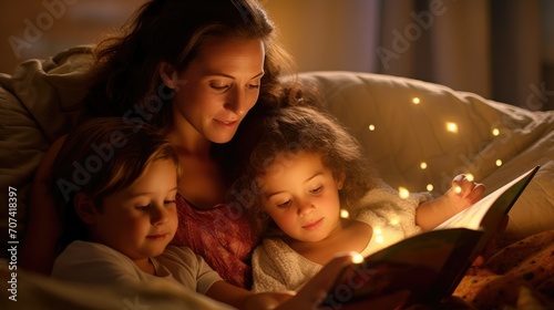 A mother reads a book to her children before going to bed while sitting in bed. Motherhood. photo