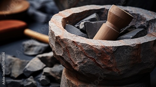 well-crafted mortar and pestle set, highlighting its solid stone construction generative ai photo