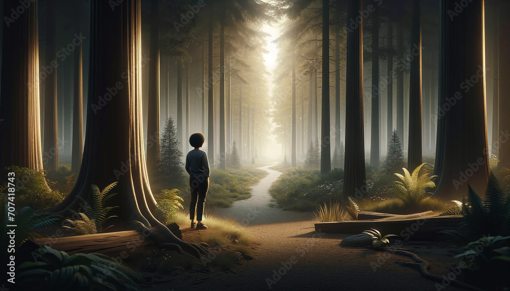Una senderista se detiene a contemplar el sendero iluminado por la luz del amanecer, un momento de paz y reflexión en la tranquilidad del bosque. - obrazy, fototapety, plakaty 