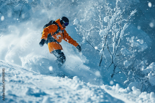 Jumping snowboarder from hill in winter, Generative ai © SebuahKisah
