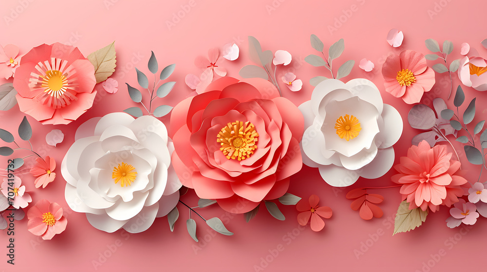 A colorful display of paper flowers in rose and white hues a serene rose backdrop A colorful display of paper flowers in rose and white hues a serene rose backdrop