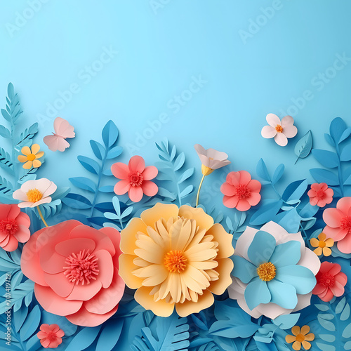 A colorful display of paper flowers in rose  orange  blue and white hues a serene blue backdrop