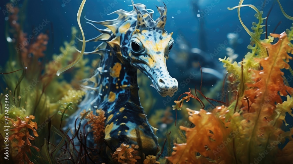 colorful seahorse camouflaged among swaying seagrass generative ai - obrazy, fototapety, plakaty 