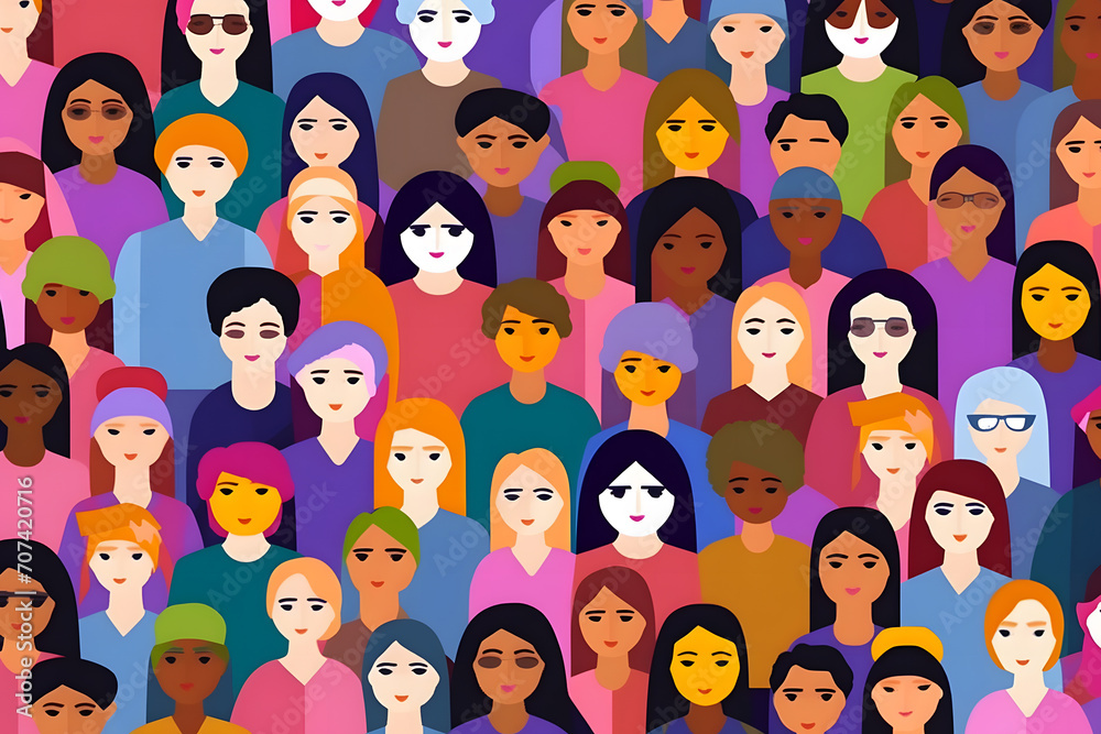 Multicultural women crowd portrait. Neural network AI generated art