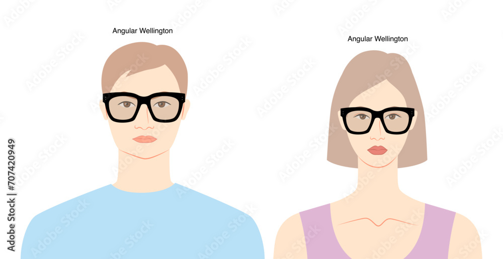 Angular Wellington frame glasses on women and men flat character fashion accessory illustration. Sunglass unisex silhouette style, spectacles eyeglasses, lens sketch style outline isolated on white Angular Wellington frame glasses on women and men flat character fashion accessory illustration. Sunglass unisex silhouette style, spectacles eyeglasses, lens sketch style outline isolated on white