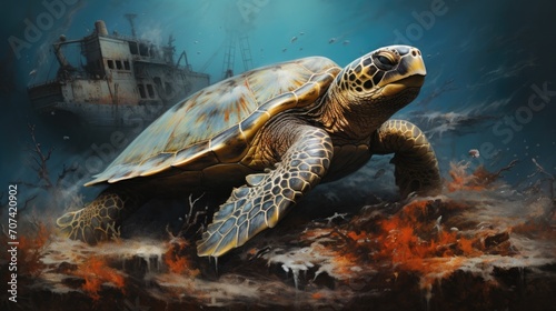 Exquisite depiction of a curious sea turtle investigating a shipwreck generative ai photo
