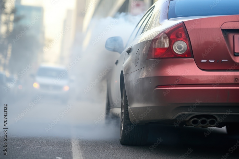 Rear view of a car emitting exhaust fumes, highlighting environmental issues related to urban pollution and transportation.