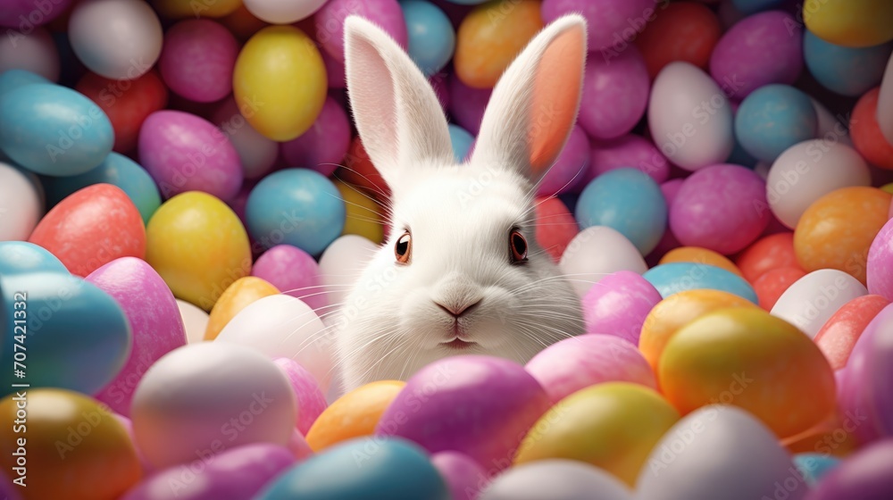 white bunny floats through the sea of colorful eggs. white bunny floats through the sea of colorful eggs.