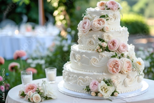 Exquisite multi-tiered wedding cake adorned with fresh flowers, showcasing classic elegance at a garden wedding...