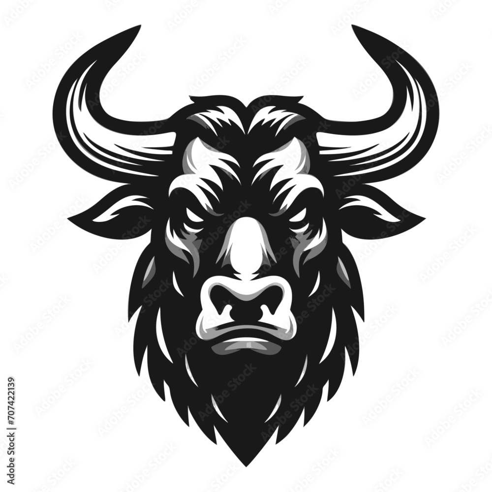 Vector logo of a mad bull. black and white illustration of a raging ox. Professional logo can be used as emblem, sign, tattoo.