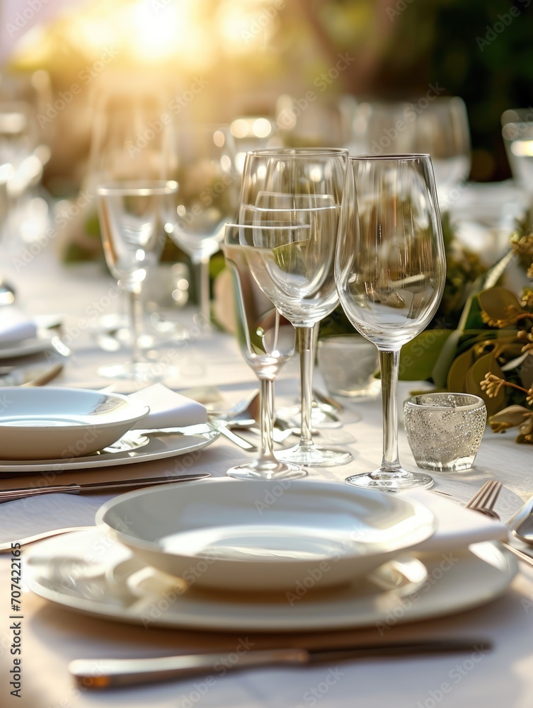 Opulent table setting for a wedding featuring gold-rimmed plates, rose gold cutlery, and a delicate floral centerpiece.. Opulent table setting for a wedding featuring gold-rimmed plates, rose gold cutlery, and a delicate floral centerpiece..