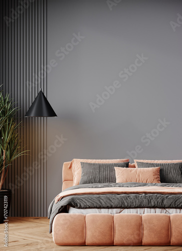 Bedroom in pastel tone peach fuzz color trend 2024 year and gray wall empty background for art. Modern premium cozy room interior home or hotel design. Apricot crush stylish accents bed. 3d render 