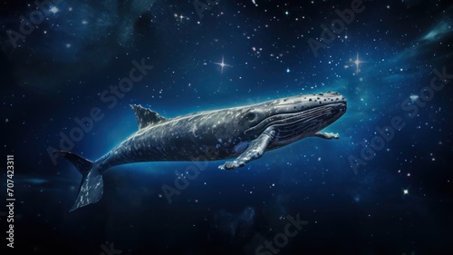 A whale traverses the cosmos  surrounded by a tapestry of stars  invoking a sense of interstellar travel and cosmic wonder.