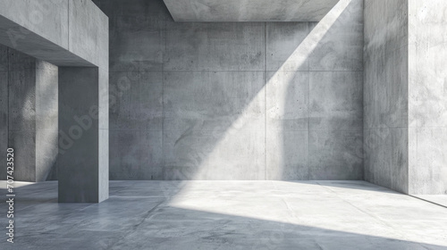 Concrete room background, abstract minimalist space with light grey walls and sunlight, empty interior of modern hall. Concept of white stone architecture, texture, daylight, building