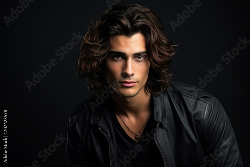 Handsome male model with long wavy hair isolated on dark studio background, face of sexy young man wearing black leather jacket. Concept of style, fashion, beauty portrait, hairstyle